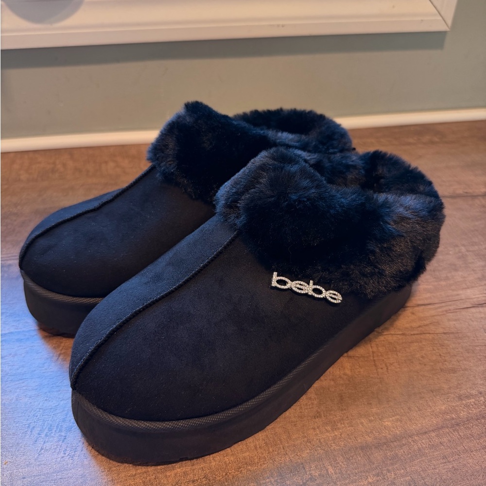 bebe Black Faux Fur Slide Slippers
